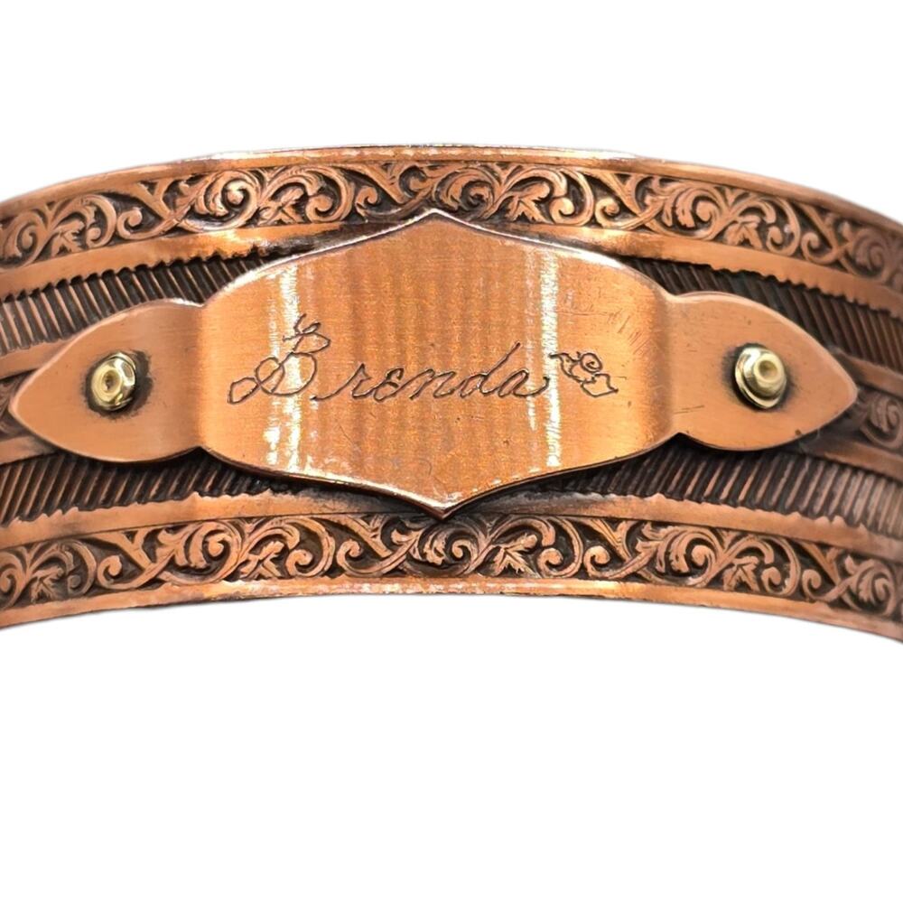 Bracelet Cuff Copper Artisan Monogram Brenda Embossed Edge Scroll Design Read